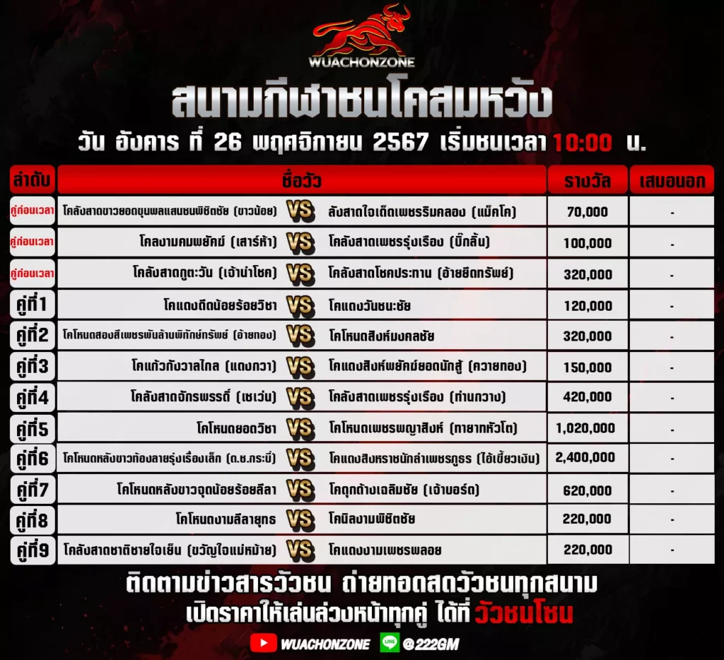 โปรเเกรมวัวชน วันที่ 26พฤศจิกายน 2567