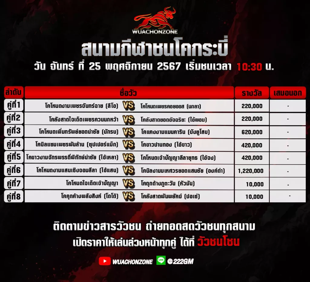 โปรแกรมวัวชน กระบี่ วันที่ 25 พฤศจิกายน 2567