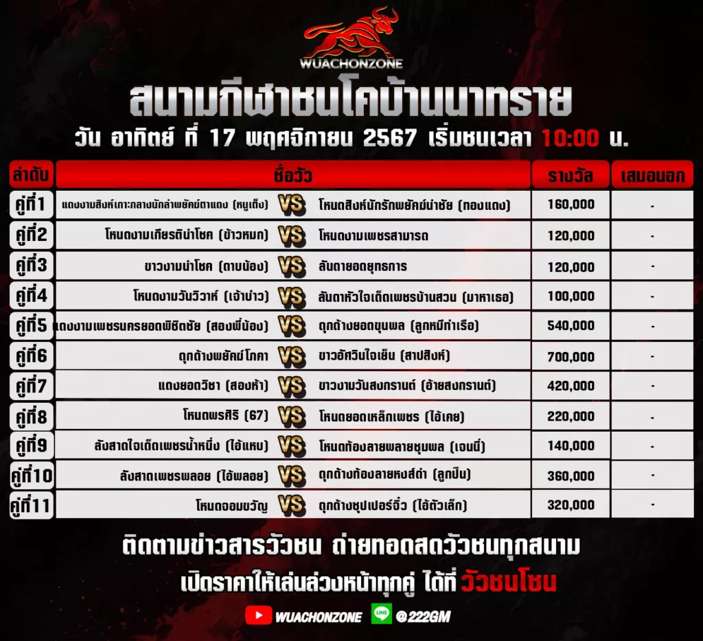 โปรแกรมวัวชน บ้านนาทราย วันที่ 17 พฤศจิกายน 2567