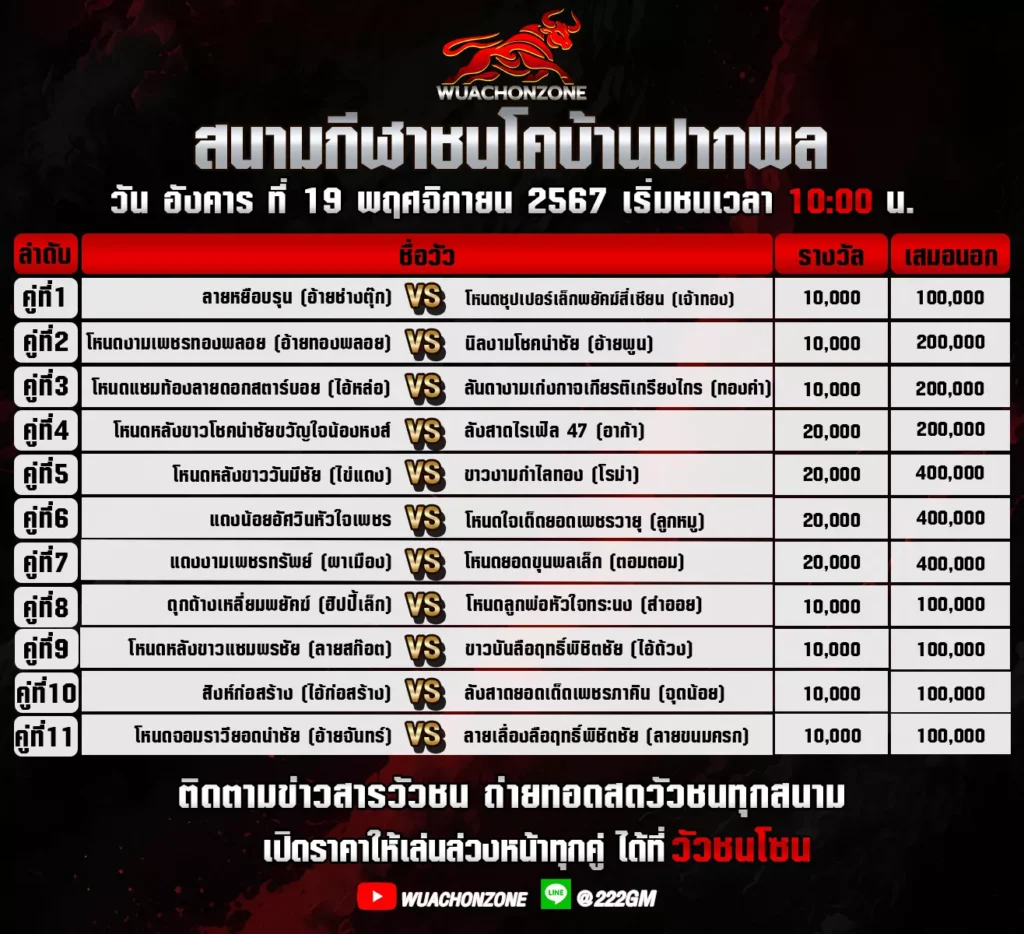 โปรแกรมวัวชน บ้านปากพล วันที่ 19 พศจิกายน 2567