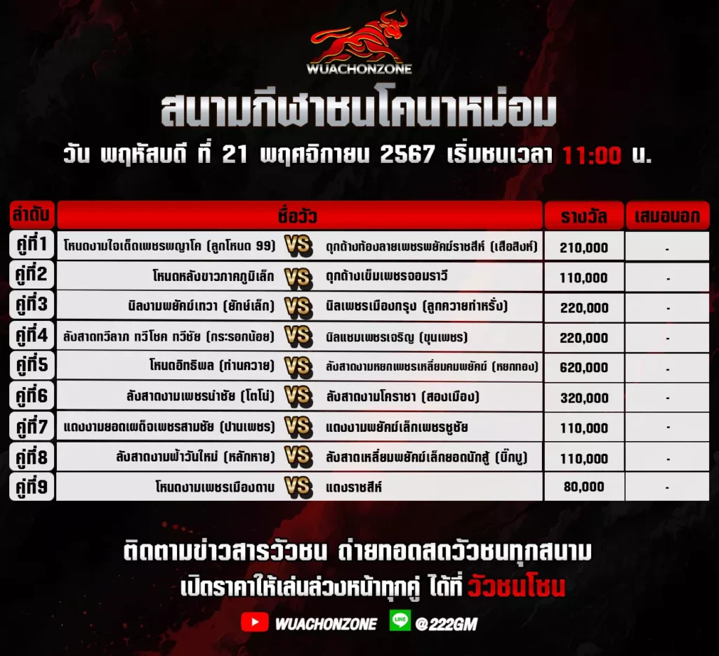 โปรแกรมวัวชน สนามชนโคนาหม่อม วันที่ 21 พฤศจิกายน 2567
