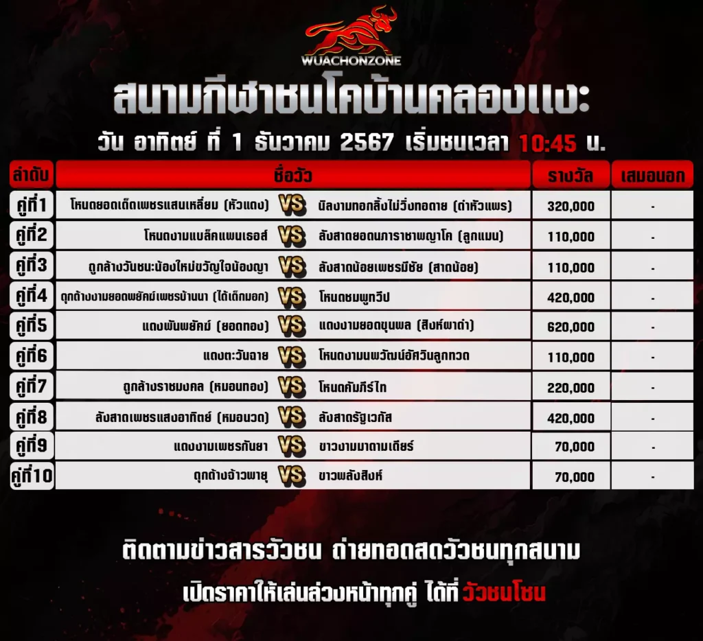 โปรแกรมวัวชน สนามบ้านคอลงเเงะ วันที่ 1 ธันวาคม 2567