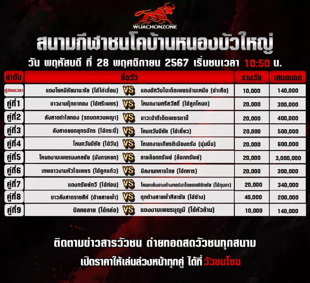 โปรแกรมวัวชน สนามบ้านหนองบัวใหญ่ วันที่ 28 พฤศจิกายน 2567