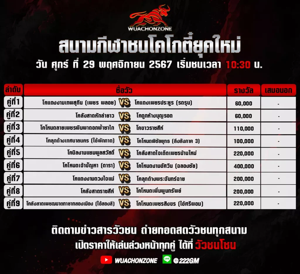 โปรแกรมวัวชน สนามโกตี๋ยุคใหม่ วันที่ 29 พฤศจิกายน 2567
