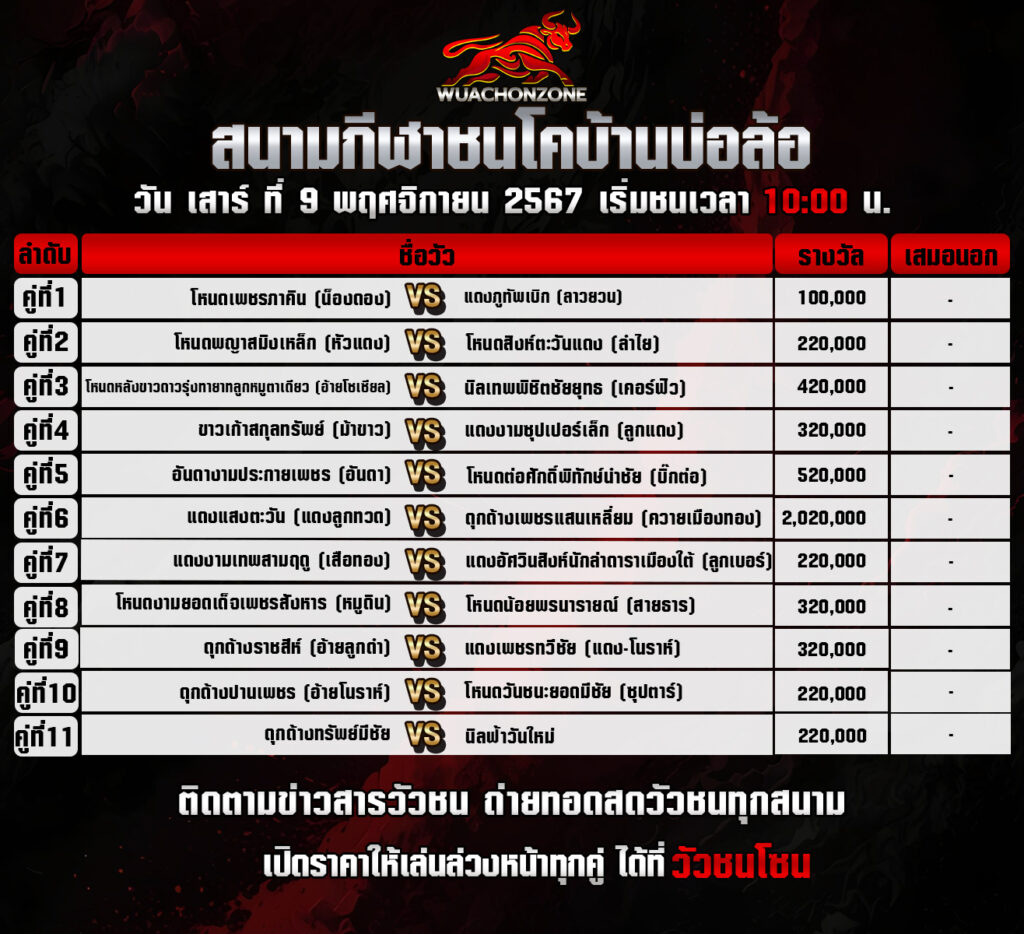 โปรแกรมวัวชน 11 คู่ บ้านบ่อล้อ วันที่9