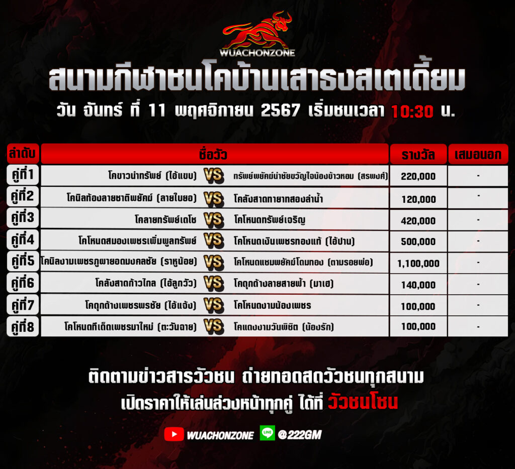 โปรแกรมวัวชน 8 คู่ บ้านเสาธง วันที่ 11