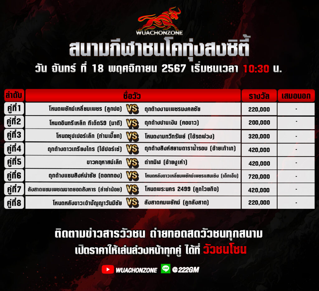 โปรแกรมวัวชน สนามทุ่งสงซิตี้ วันที่18 พฤศจิกายน 2567