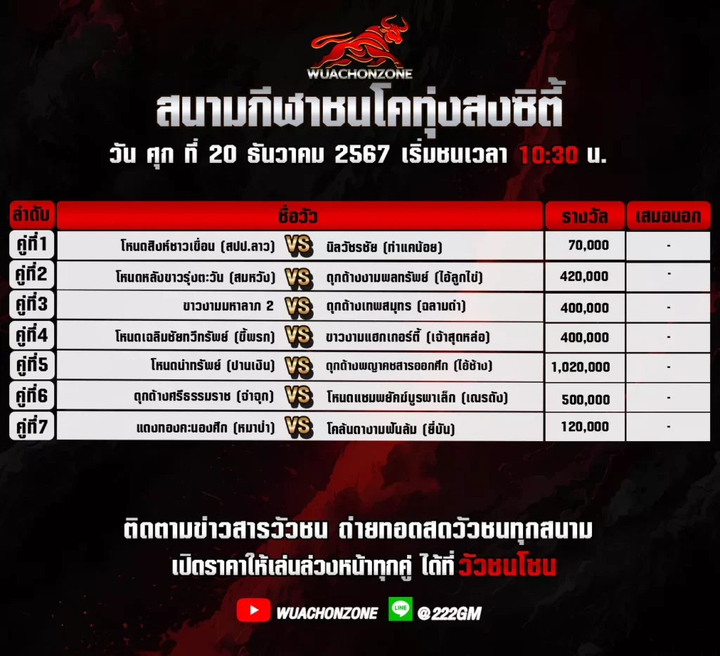 โปรแกรมวัวชน ทุ่งสงซิตี้ วันที่ 20 ธันวาคม 2567
