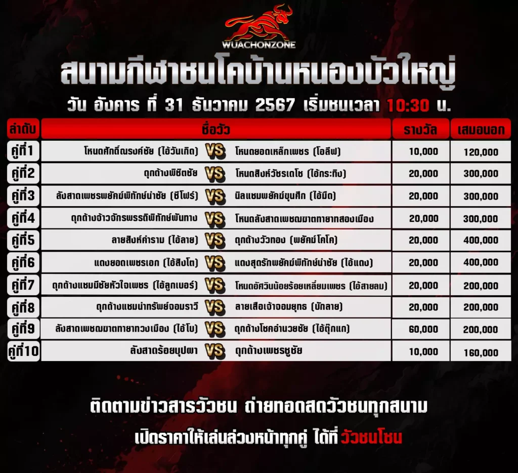 โปรแกรมวัวชนโค บ้านหนองบัวใหญ่วันที่ 31 ธันวาคม 2567