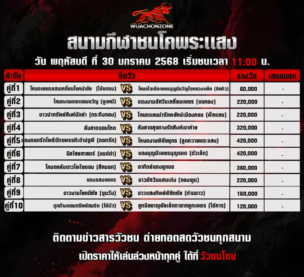โปรแกรมวัวชน สนาม พระเเสง วันที่ 30 มกราคม 2568