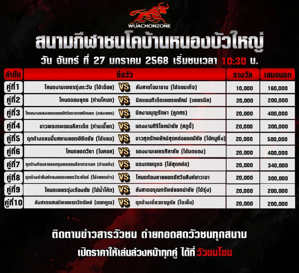 โปรแกรมวัวชน สนาม บ้านหนองบัวใหญ่ วันที่ 27 มกราคม 2568