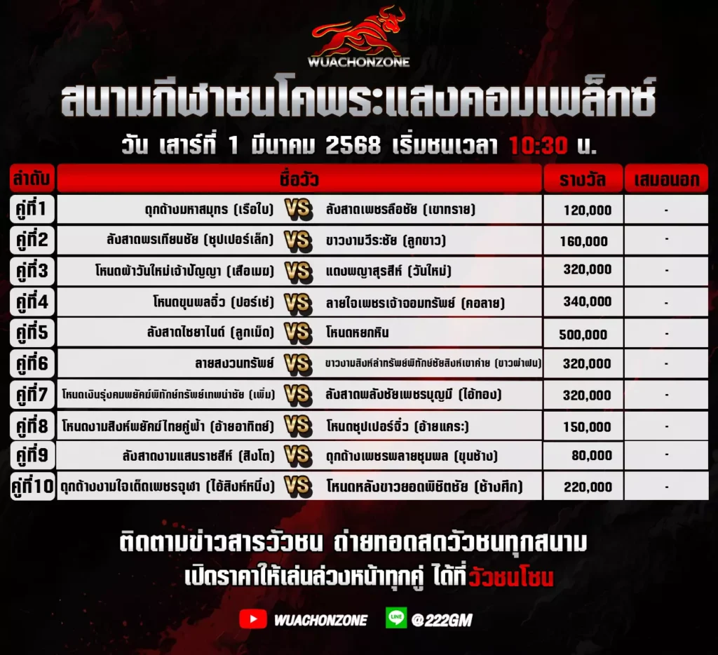 โปรแกรมวัวชน สนาม พระเเสงคอมเพล็กซ์ วันที่ 1 มีนาคม 2568
