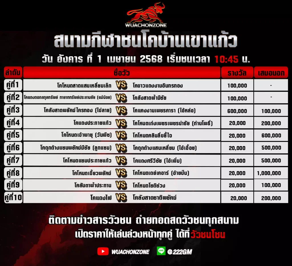 โปรแกรมวัวชน วันที่ 1 เมษายน 2568