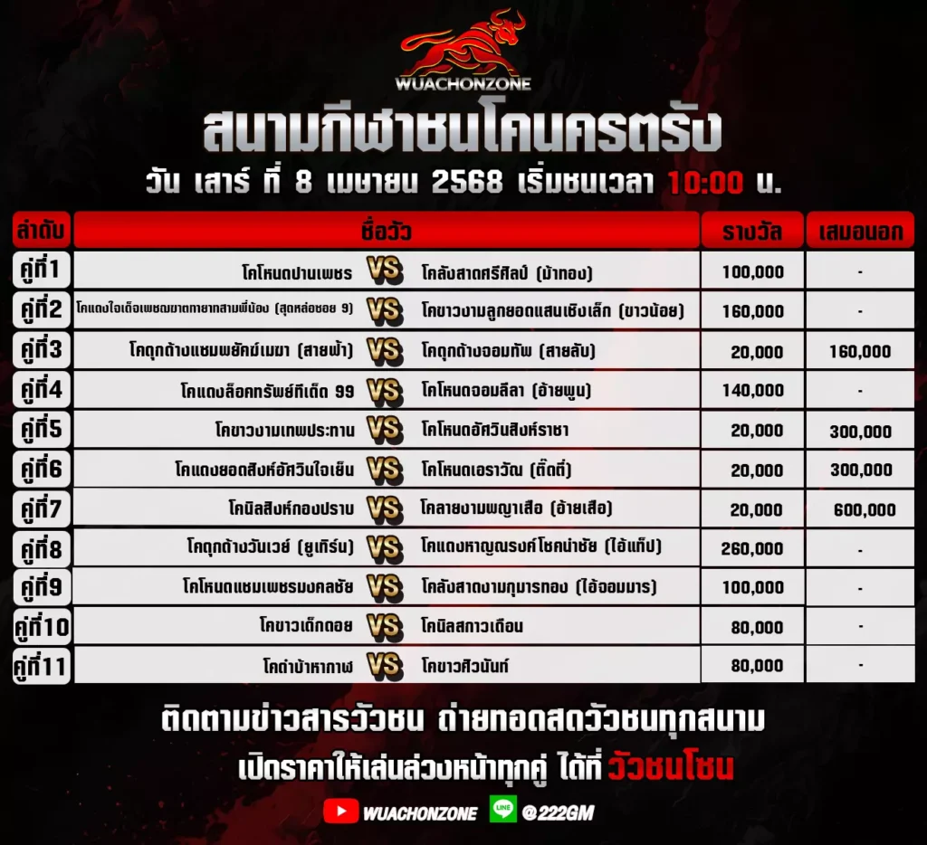 โปรแกรมวัวชน วันที่ 8 เมษายน 2568