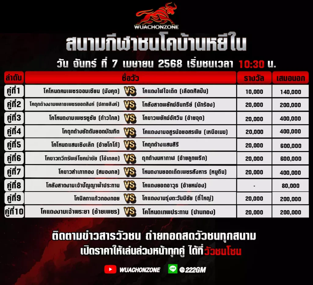 โปรแกรมวัวชน วันที่ 7 เมษายน 2568