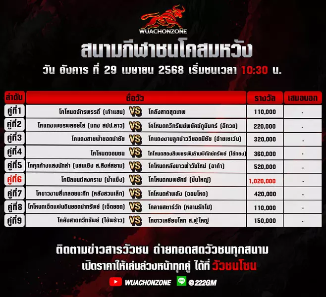 โปรแกรมวัวชน วันที่ 29 เมษายน 2568