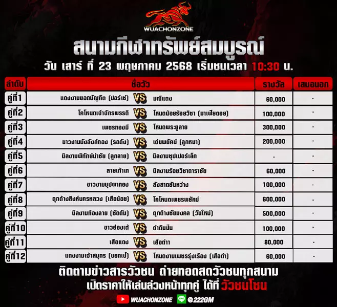 โปรแกรมวัวชน วันที่ 24 พฤษภาคม 2568