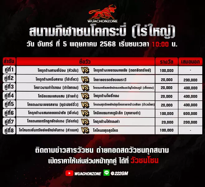 โปรแกรมวัวชน วันที่ 4 พฤษภาคม 2568