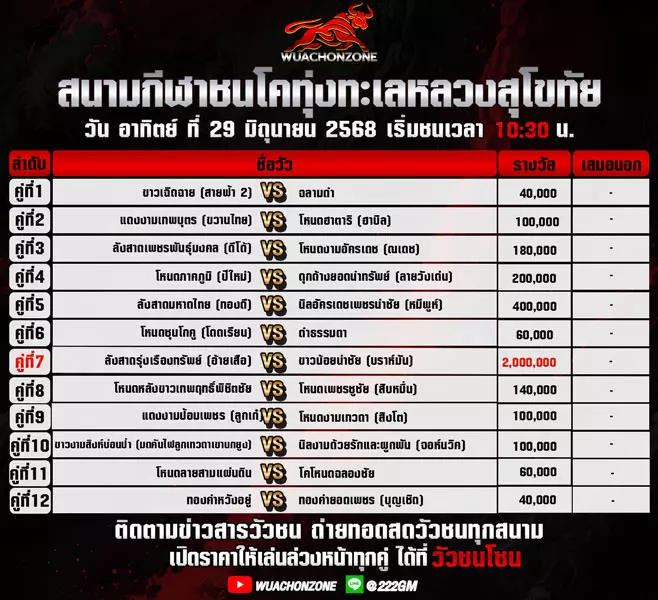 โปรแกรมวัวชน วันที่ 29 มิถุนายน 2568