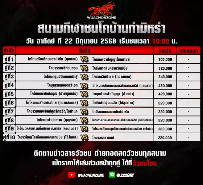 โปรแกรมวัวชน วันที่ 22 มิถุนายน 2568