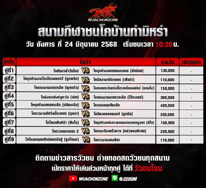 โปรแกรมวัวชน วันที่ 24 มิถุนายน 2568